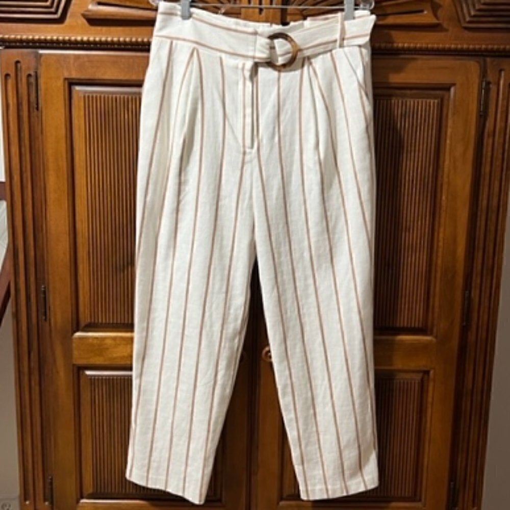 topshop Wilma Stripe Peg Trousers Pants Belted Crop Beige Tan - Picture 1 of 5